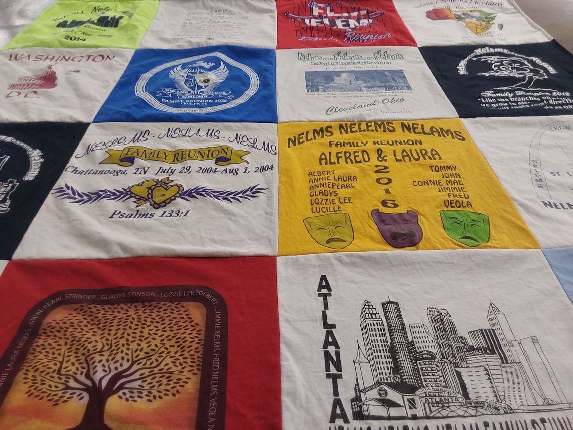 T-shirt quilt with family gatherings, reunions themes by Connie from OH