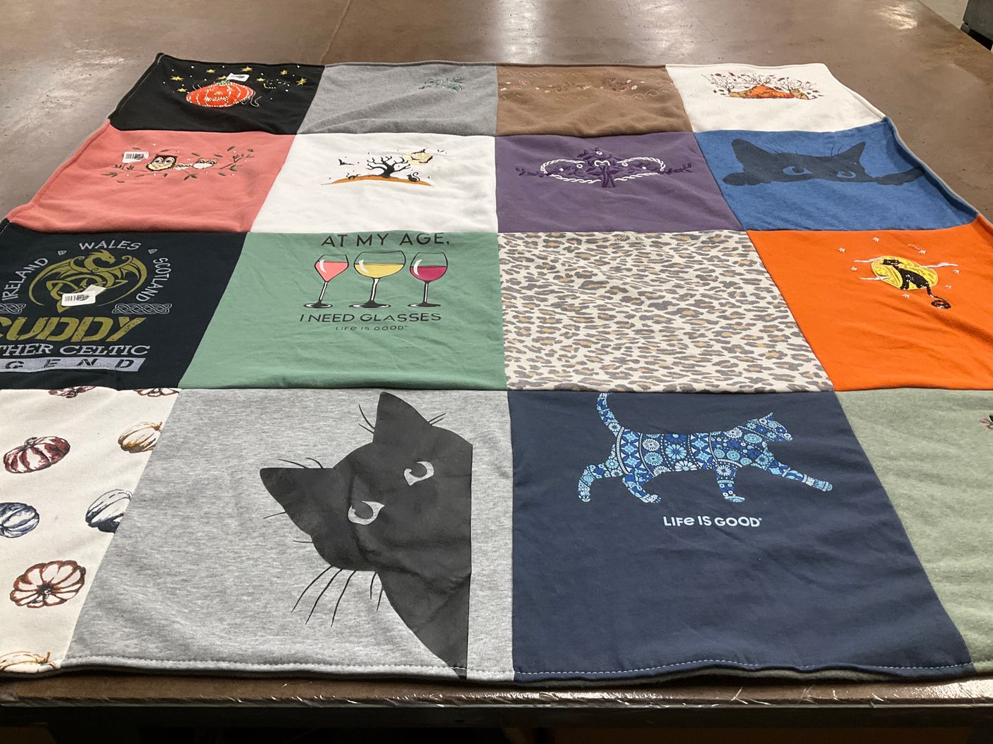 T-shirt quilt with cats, nature themes by Joann from PA