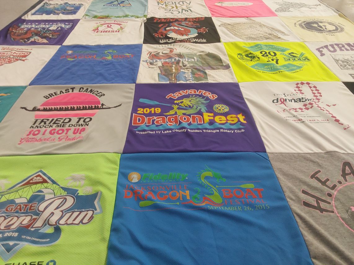 T-shirt quilt with dragon boat racing, fundraising themes by Lisa from FL
