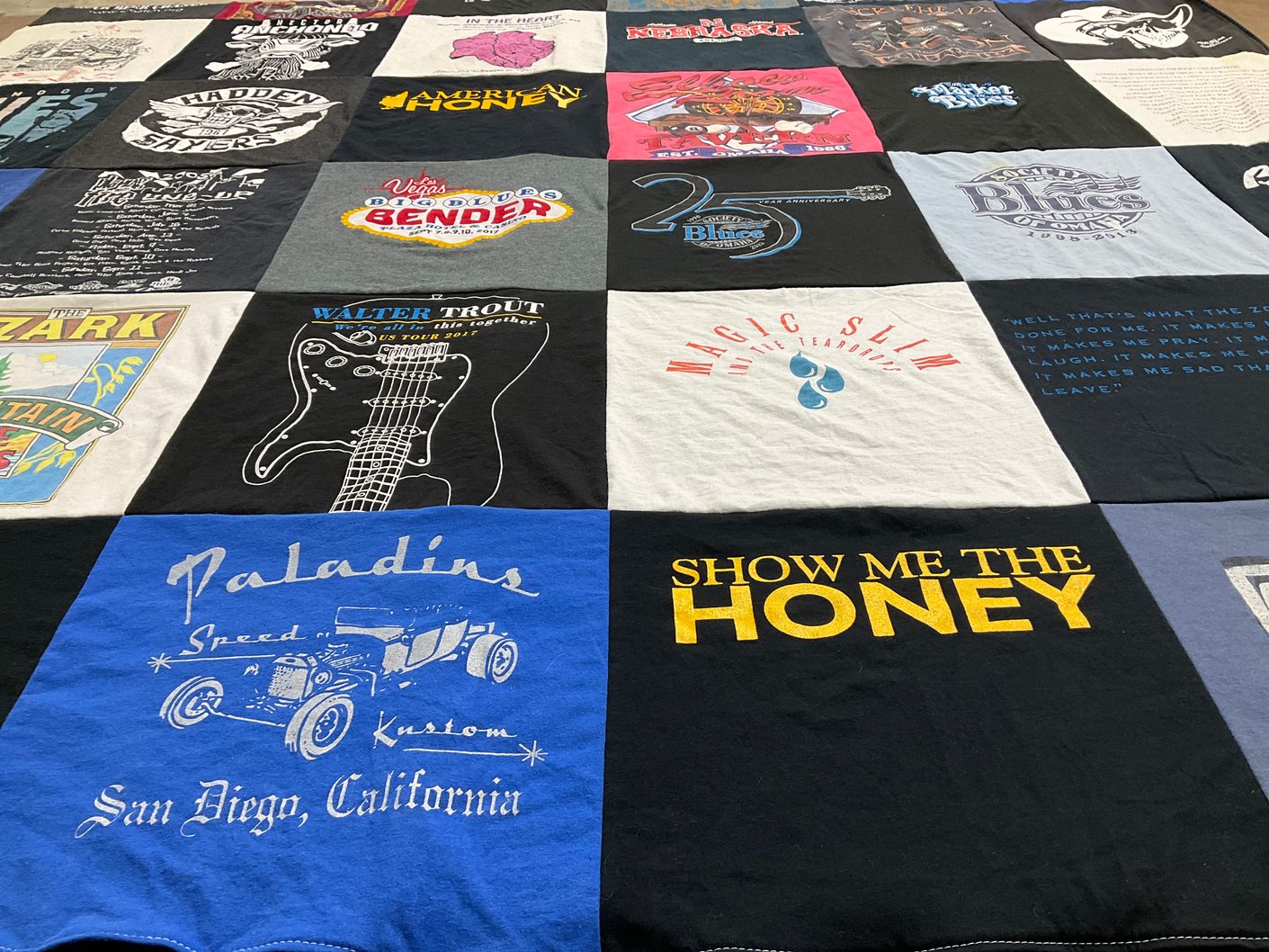 T-shirt quilt with music, cars themes by Annette from AZ