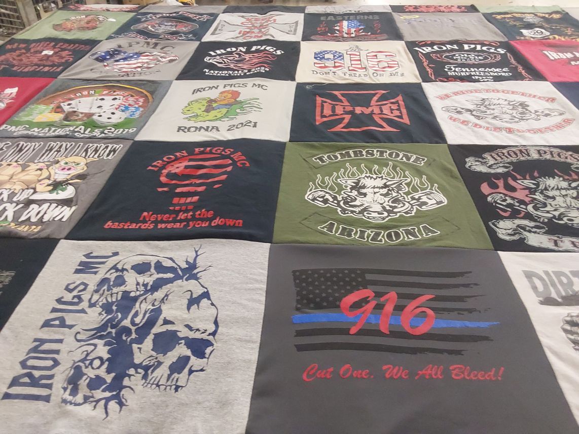 T-shirt quilt with motorcycle clubs, motorcycles themes by Shelly from SC