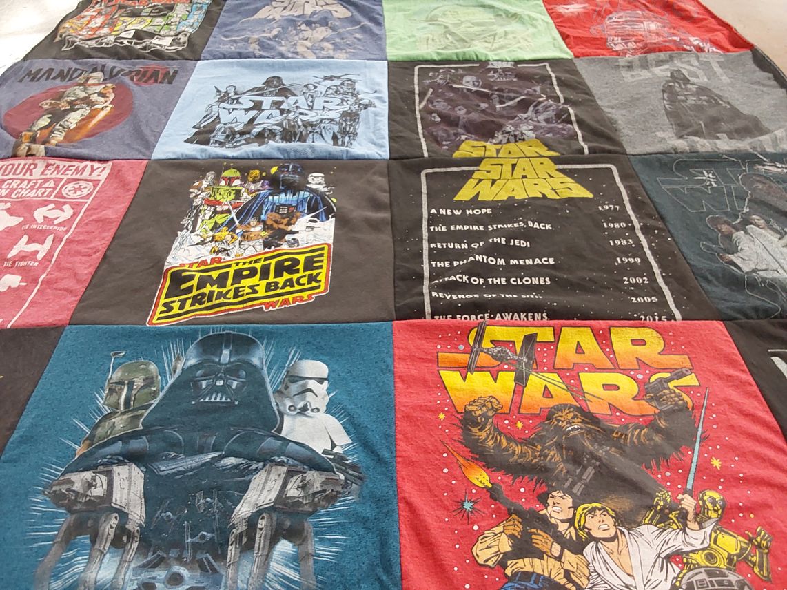 T-shirt quilt with science fiction, movies themes by Joy from IN