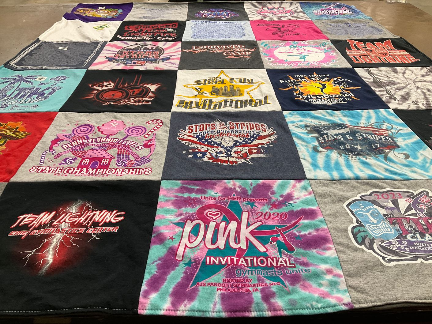 T-shirt quilt with gymnastics themes by Kristen from PA