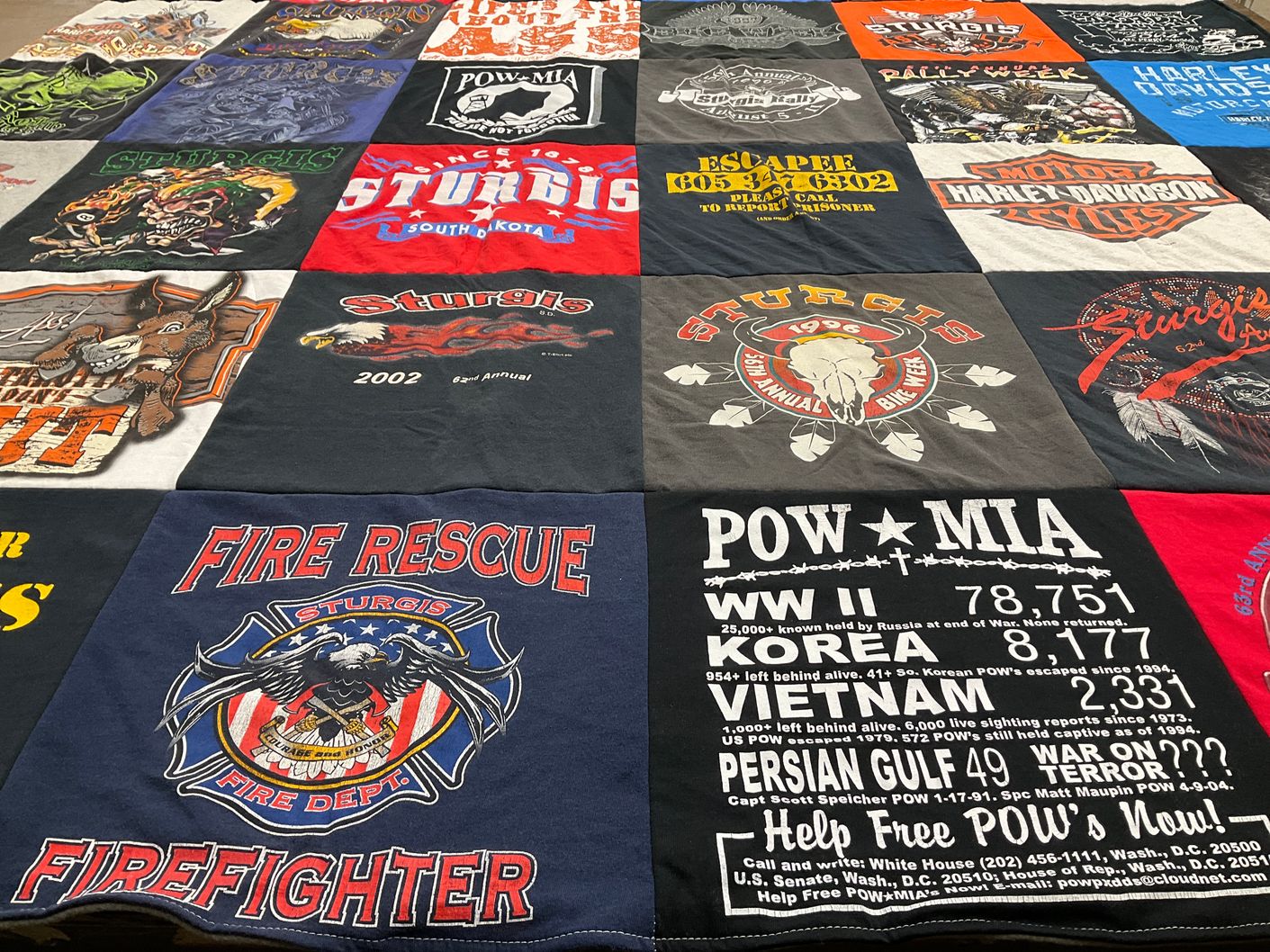 T-shirt quilt with motorcycles, rallies themes by Glen from IA