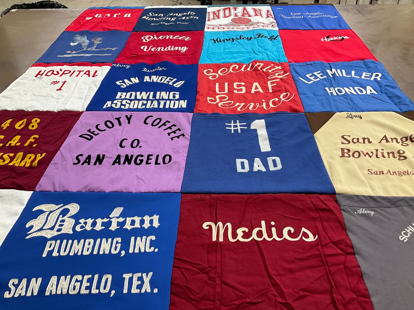 T-shirt quilt with bowling, coffee themes by Laura from TX