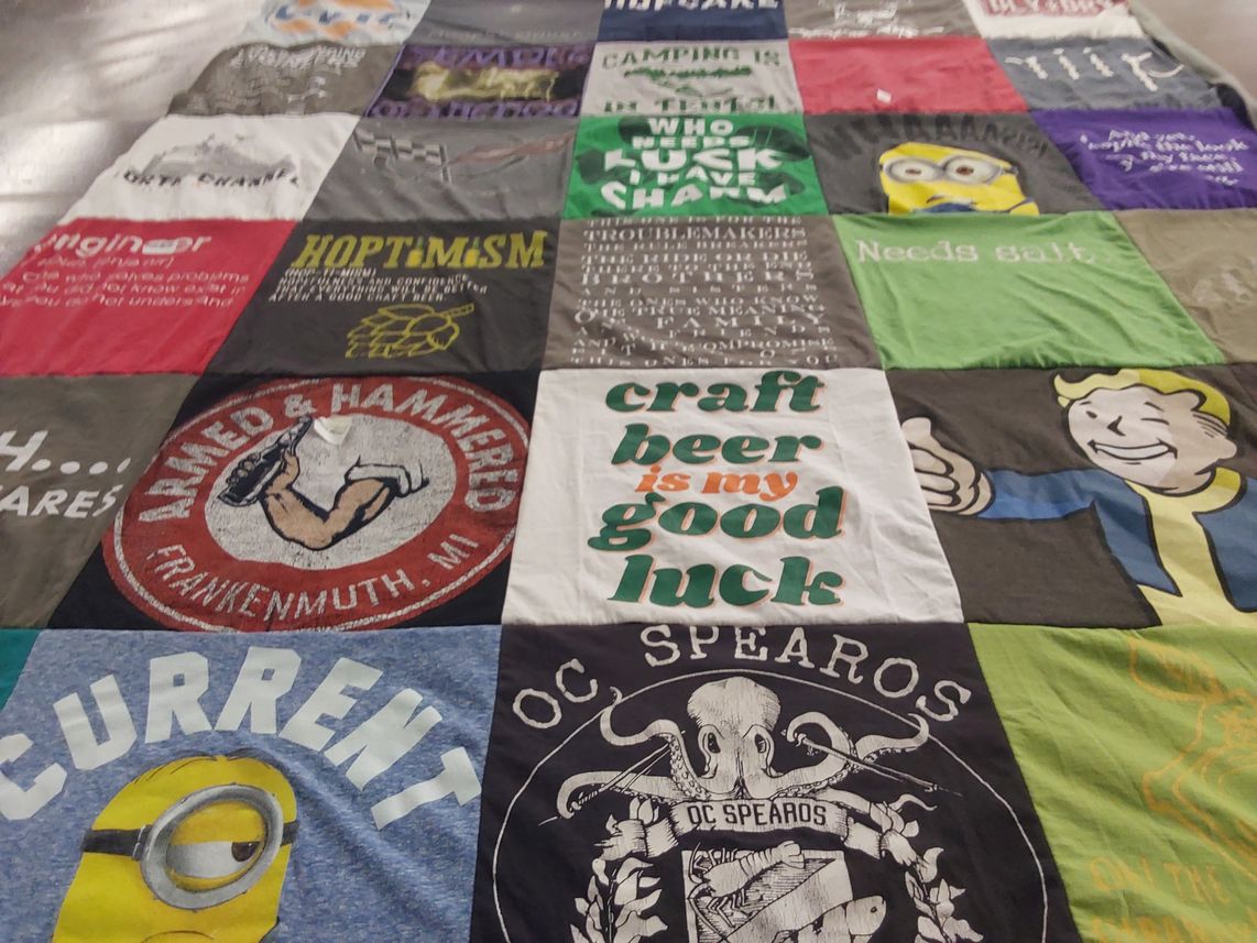 T-shirt quilt with craft beer, camping themes by christina from CA