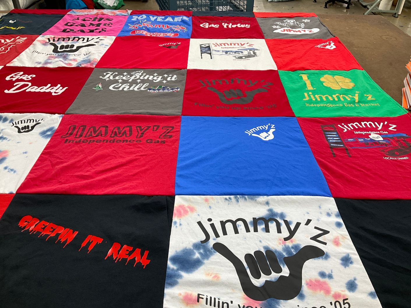 T-shirt quilt with gas station, local business themes by Pyper from OR