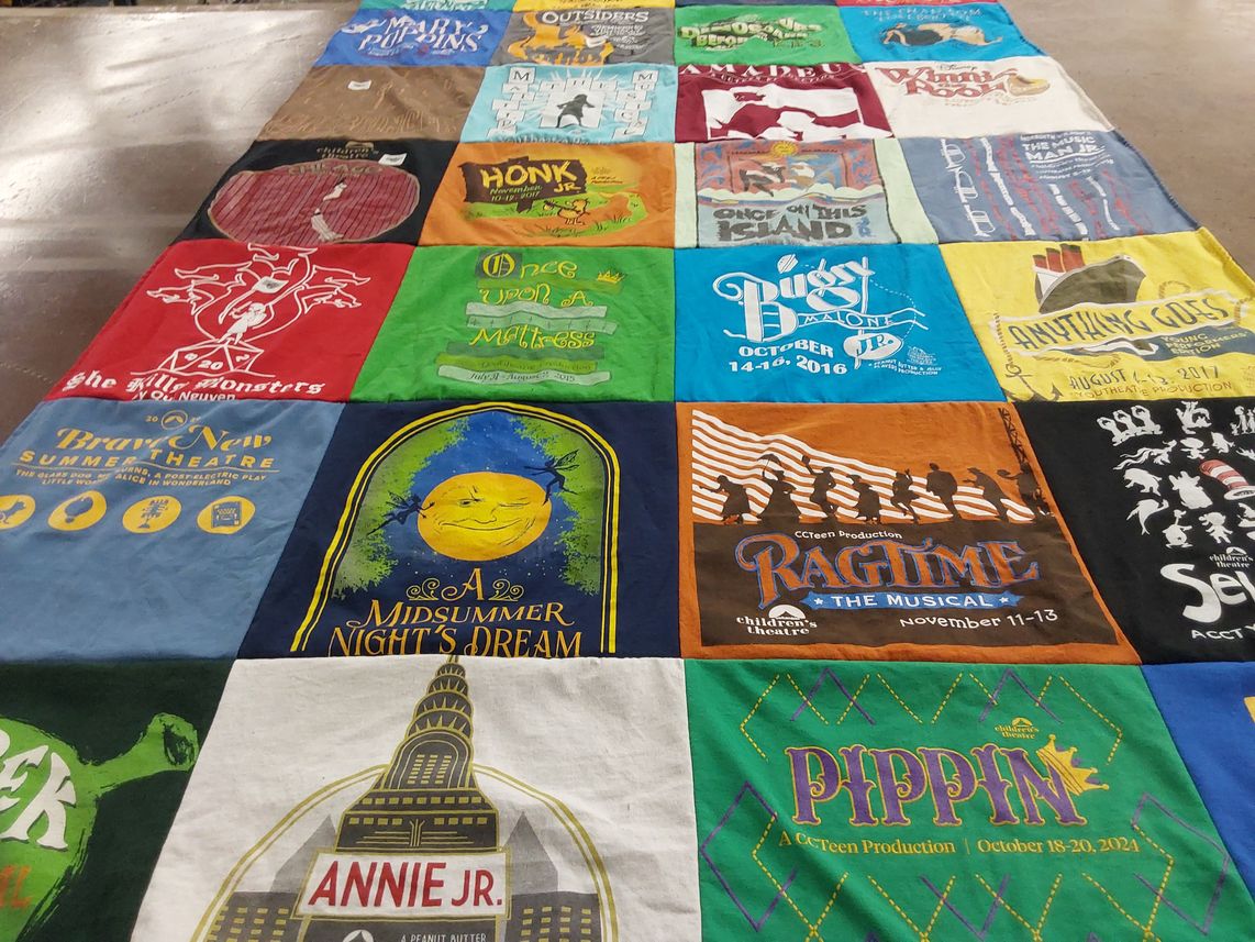 T-shirt quilt with theatrical productions, musicals themes by Rachel from NC
