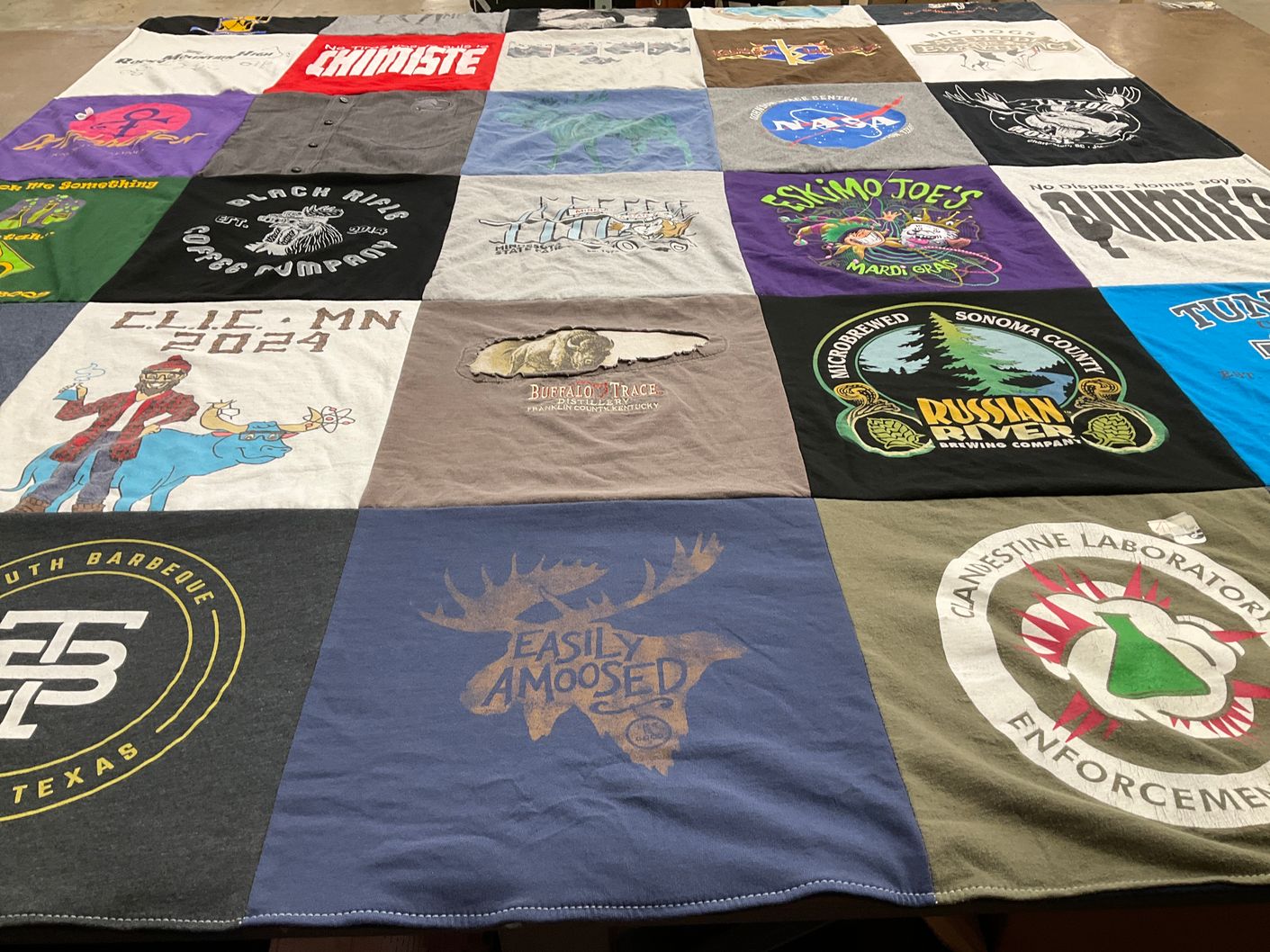 T-shirt quilt with barbecue, breweries themes by Pia from CA