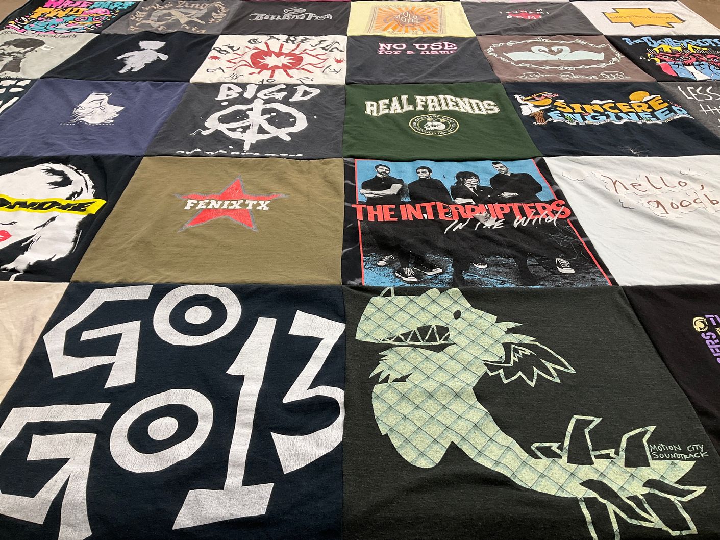 T-shirt quilt with music, concerts themes by Stanley from CA