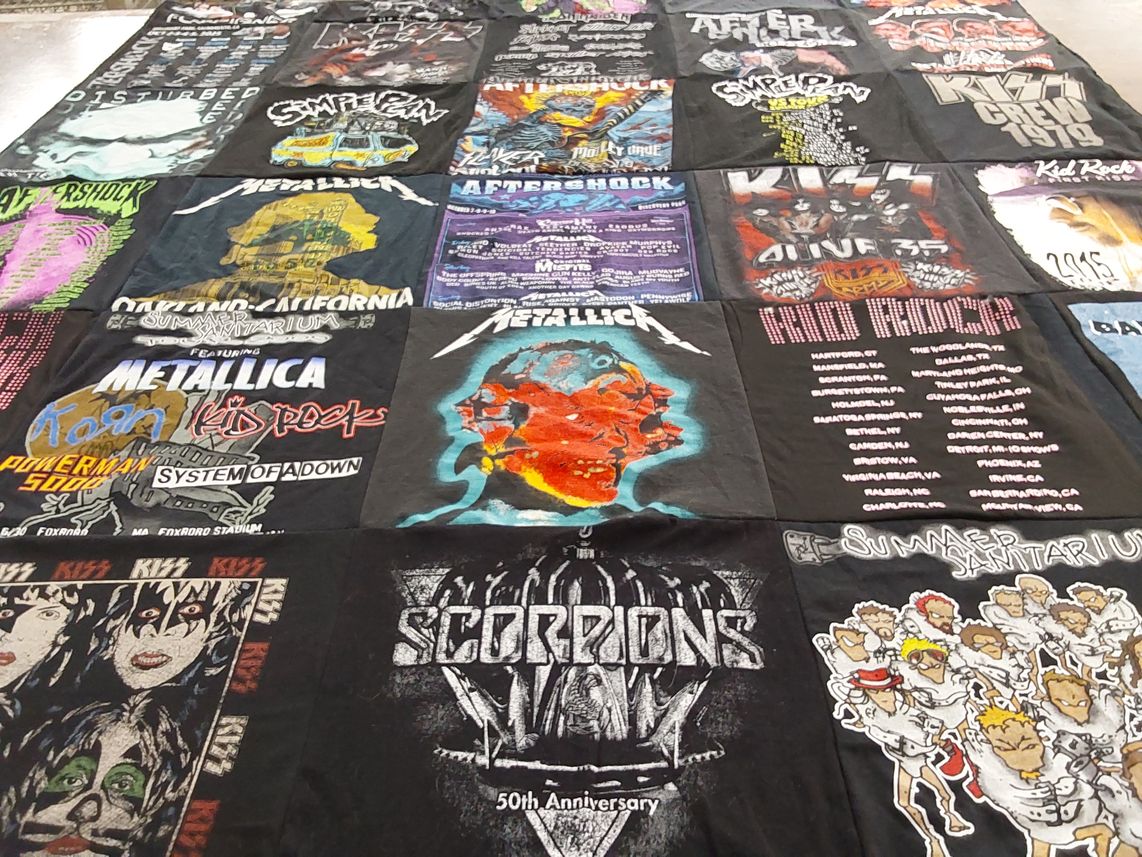 T-shirt quilt with music, rock themes by Samantha from CA