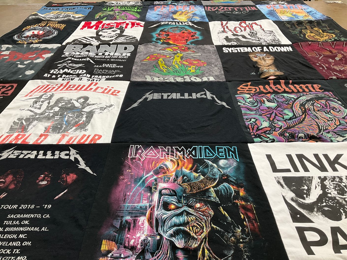 T-shirt quilt with music, rock themes by Samantha from CA