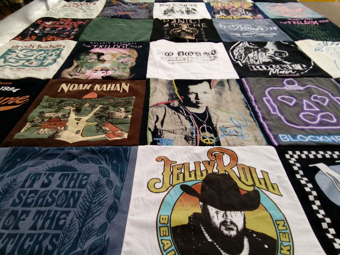 T-shirt quilt with music, concerts themes by Lauren from NM