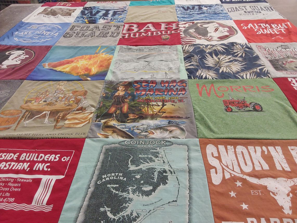 T-shirt quilt with fishing, beaches themes by Nancy from FL