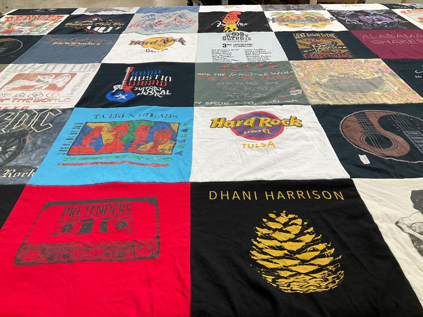 T-shirt quilt with music, rock music themes by Linda from KS