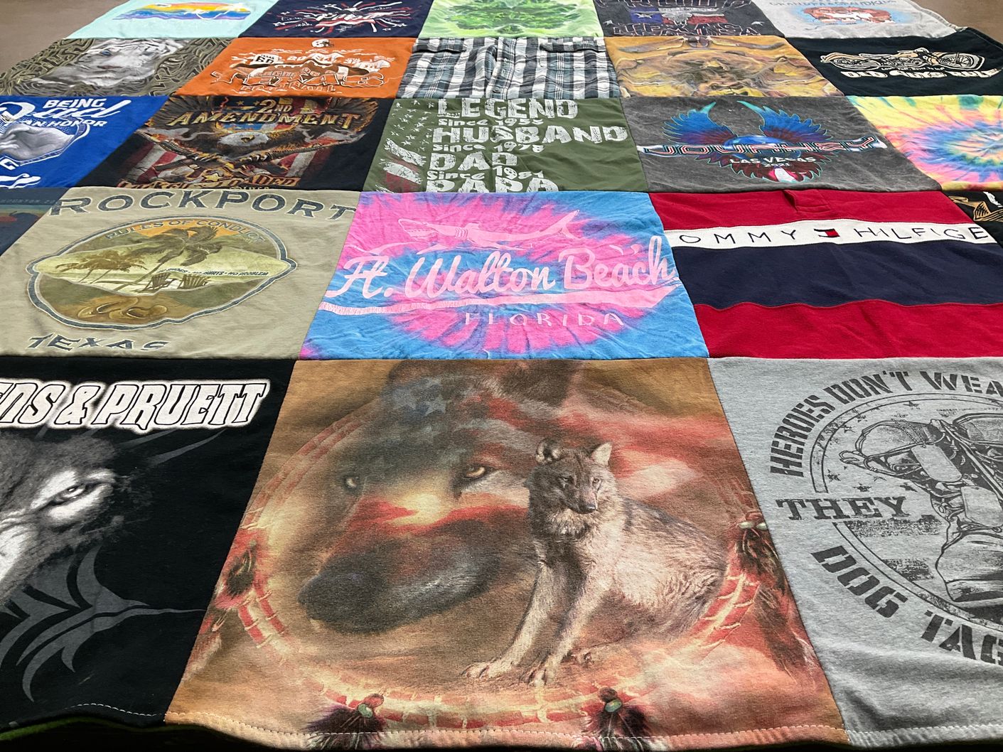 T-shirt quilt with travel, music themes by Pamela from TX