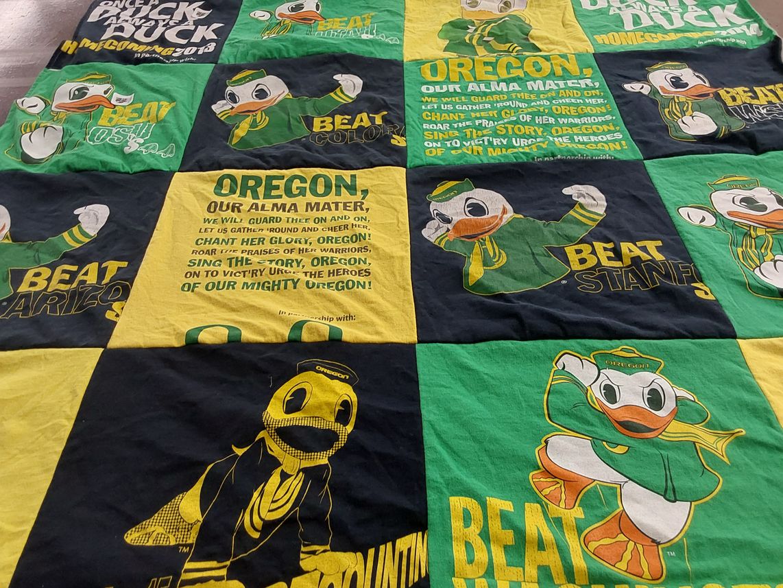 T-shirt quilt featuring oregon ducks, university of oregon ducks by Jessica from OR