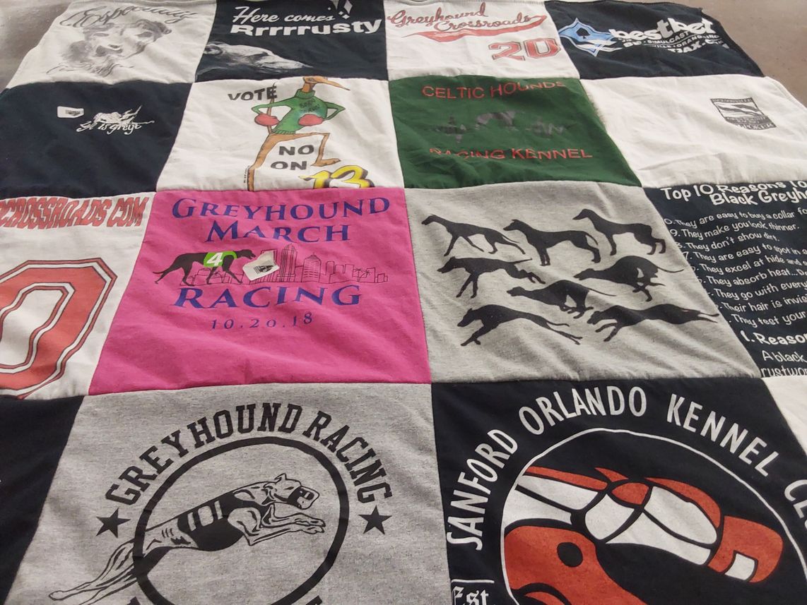 T-shirt quilt with greyhound racing themes by Katherine from SC