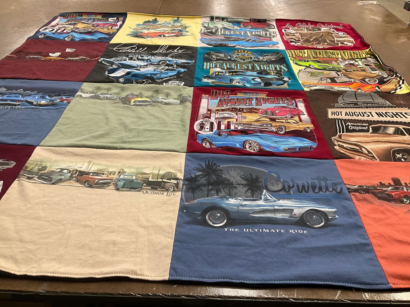 T-shirt quilt with cars, automobiles themes by Bonnie from ID