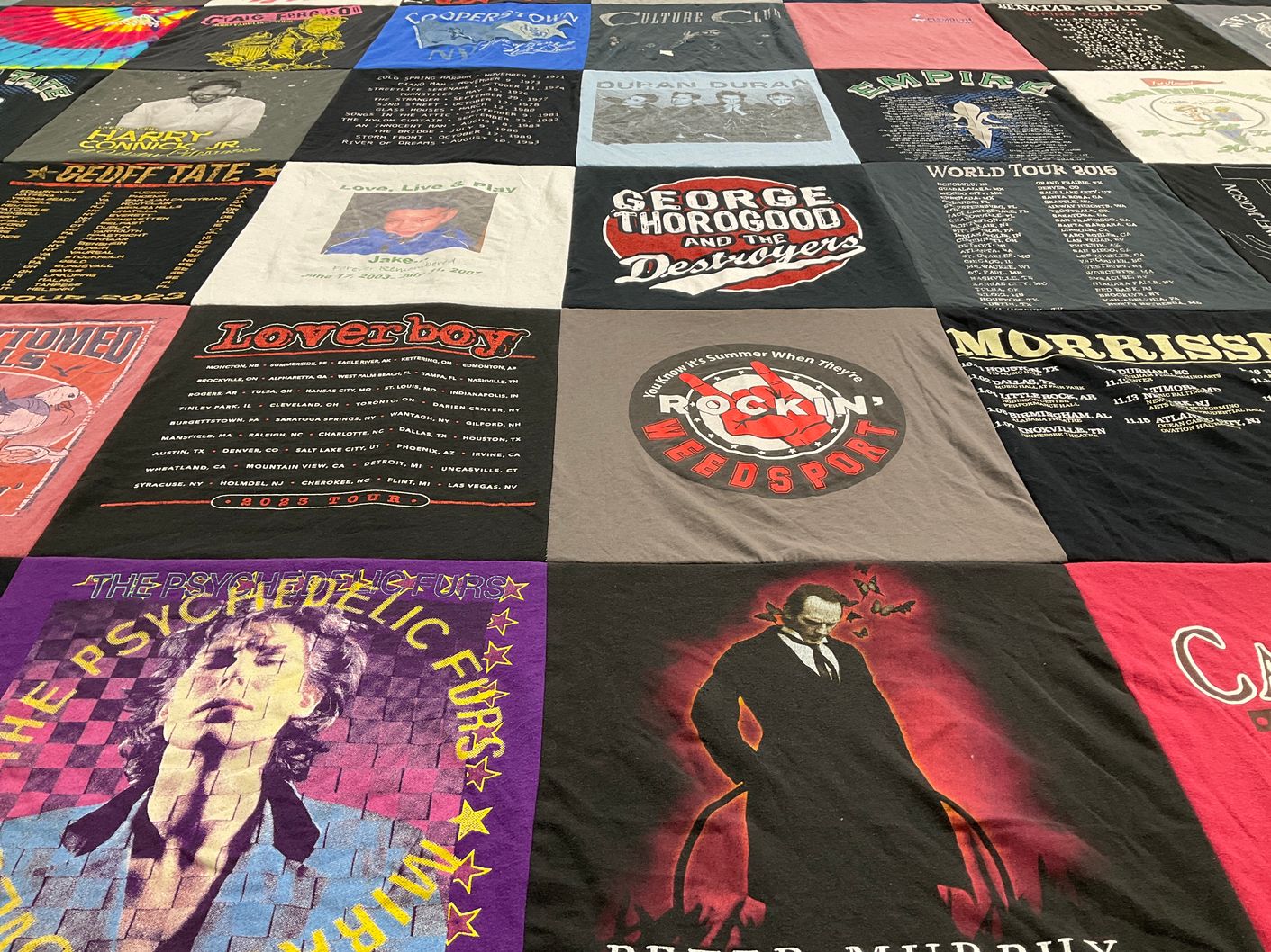 T-shirt quilt with music, concerts themes by Annette from NY