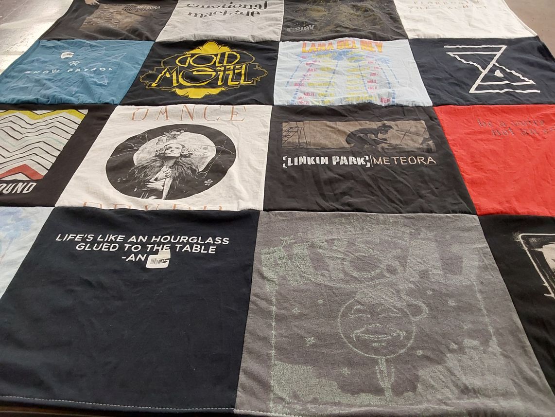 T-shirt quilt with music, art themes by Carly from AL