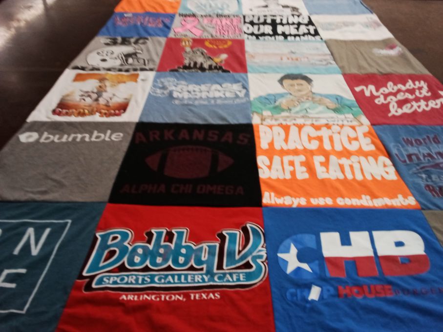 T-shirt quilt with food, sports themes by Lesli from TX