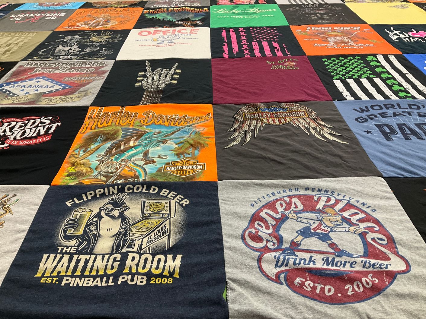 T-shirt quilt with motorcycles, beer themes by Tricia from AL