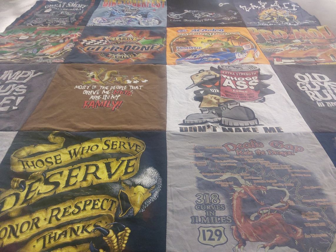 T-shirt quilt with racing, motorcycles themes by Dawn from FL