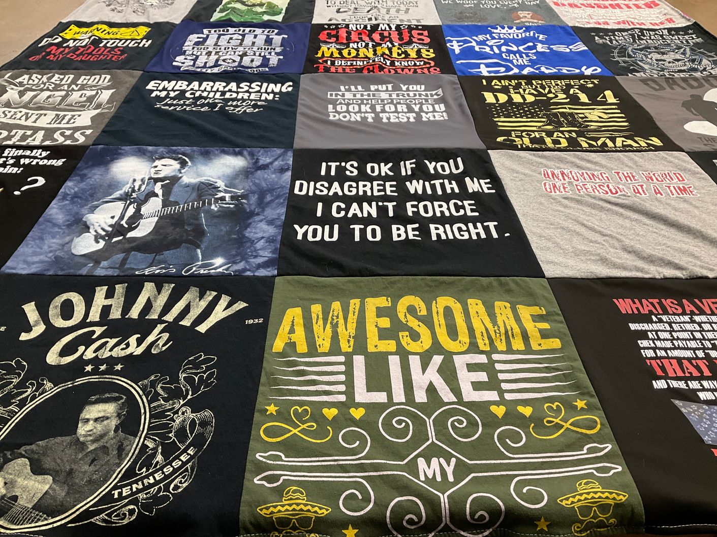 T-shirt quilt with music, humor themes by Pamela from TX