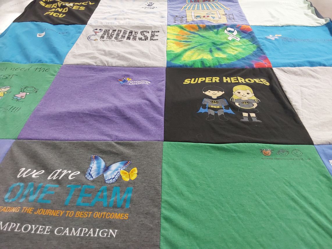 T-shirt quilt with healthcare, nursing themes by Angela from OH