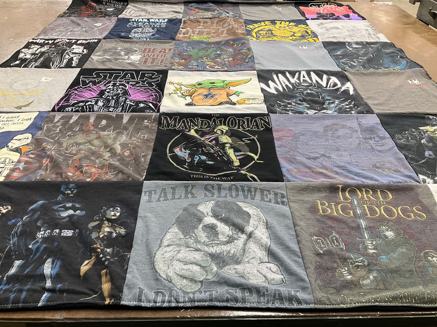 T-shirt quilt with comics, movies themes by Sophia from AZ