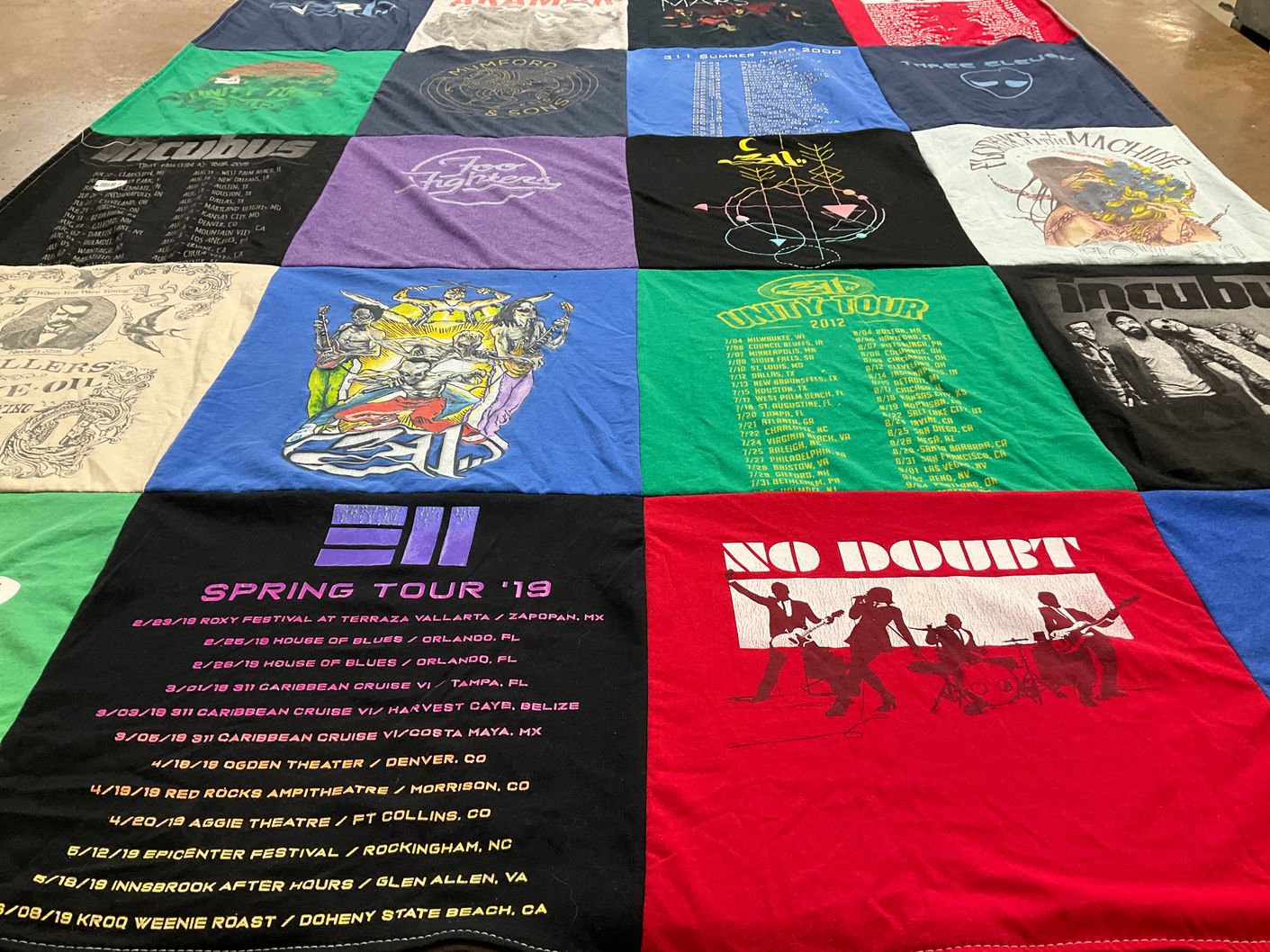 T-shirt quilt with music, concerts themes by Robyn from CA