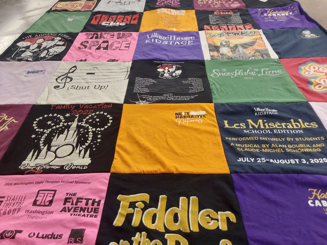 T-shirt quilt with theater, musicals themes by Shannon from WA