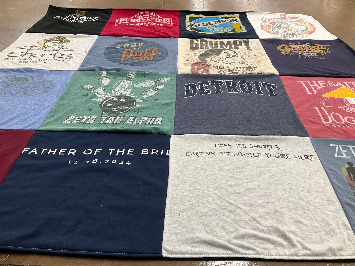T-shirt quilt with drinks, breweries themes by JoAnn from MI