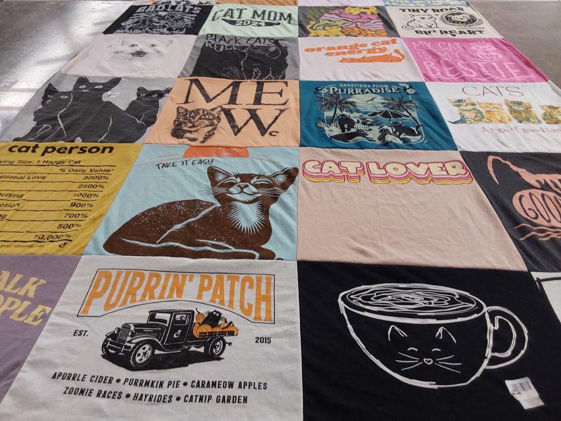 T-shirt quilt with cats, pets themes by Cindy from NE