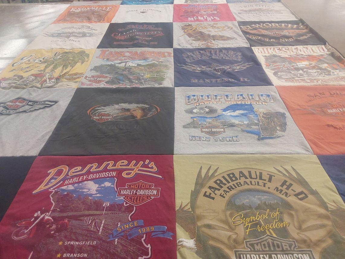 T-shirt quilt with motorcycles, biking themes by Mary Ann from IL