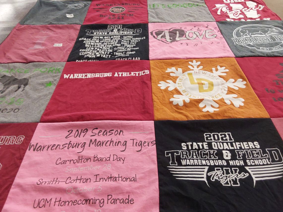 T-shirt quilt featuring warrensburg marching tigers by Hadassah from MO