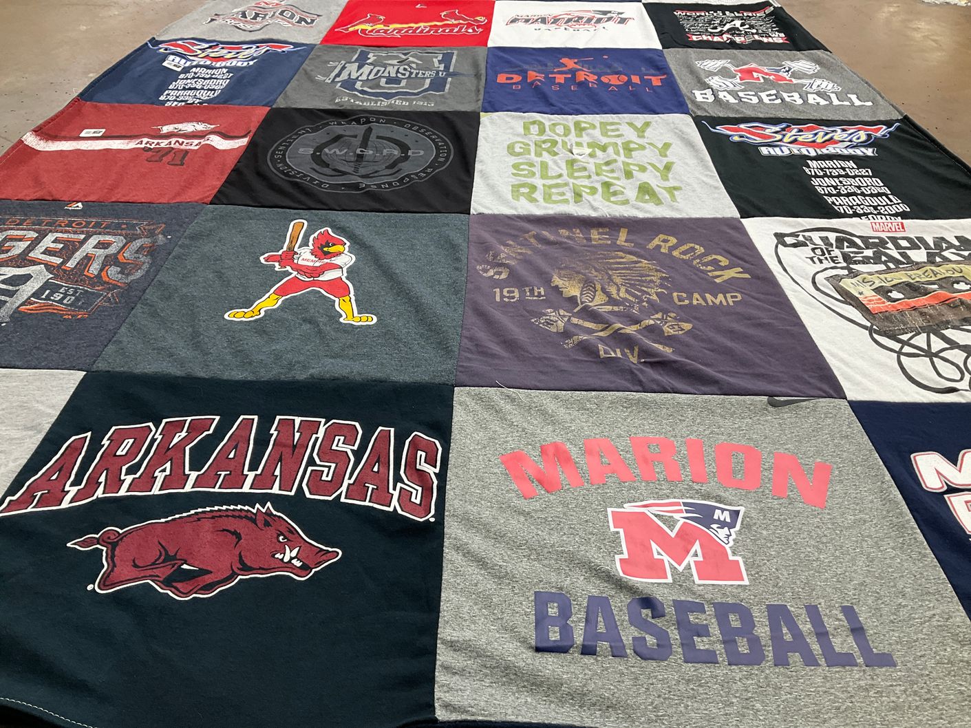 T-shirt quilt featuring arkansas razorbacks baseball, marion baseball by Cathy from AR