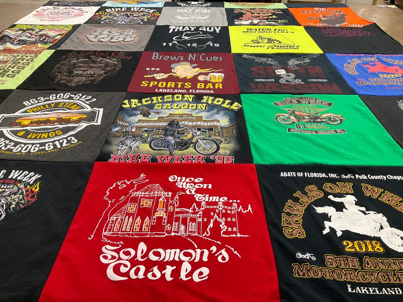 T-shirt quilt with motorcycles, food themes by Tracy from FL