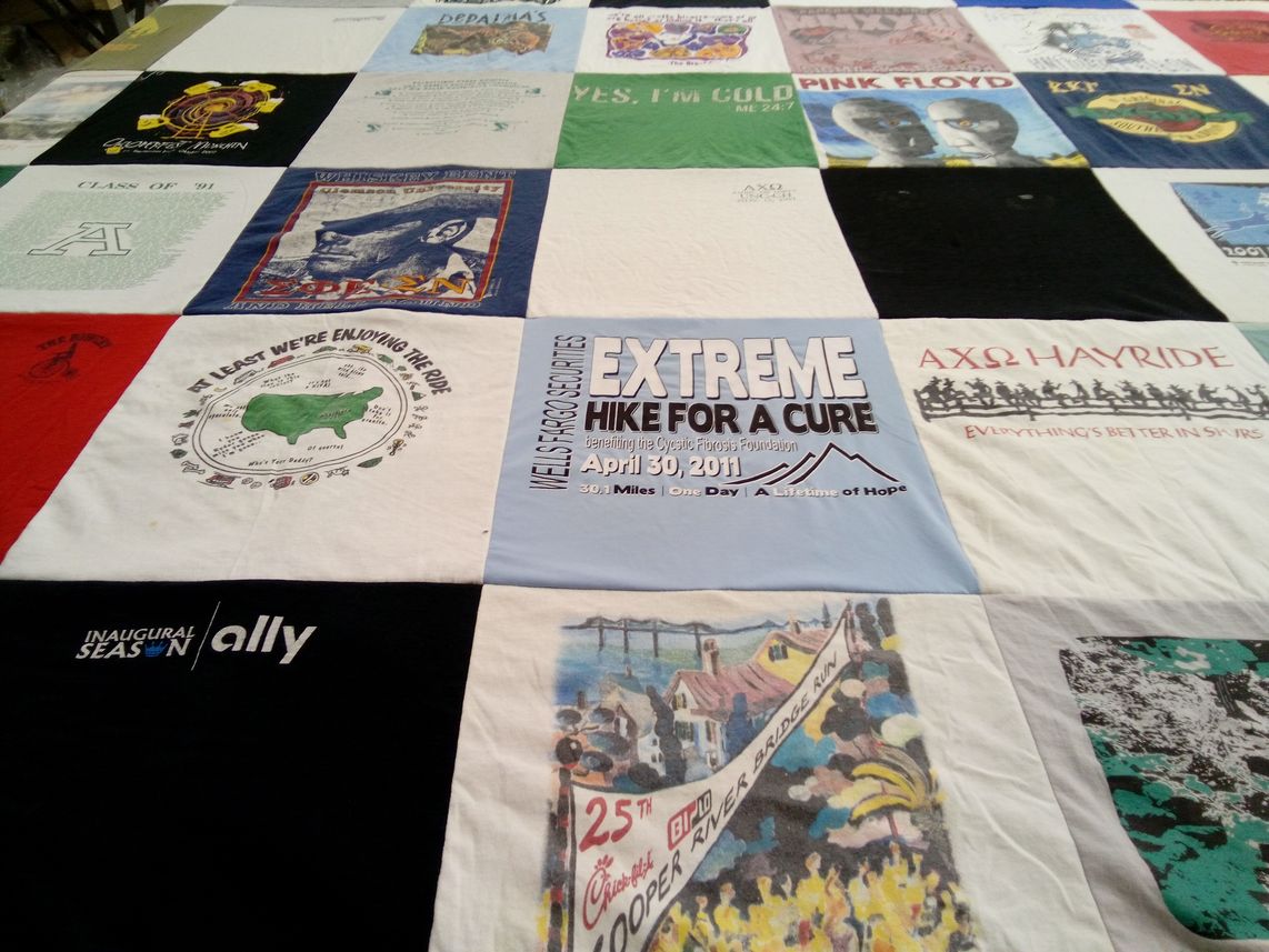 T-shirt quilt with music, hiking themes by Becca from NC