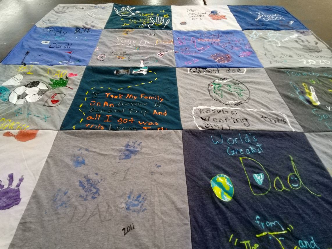 T-shirt quilt with family, father's day themes by Elizabeth from CA