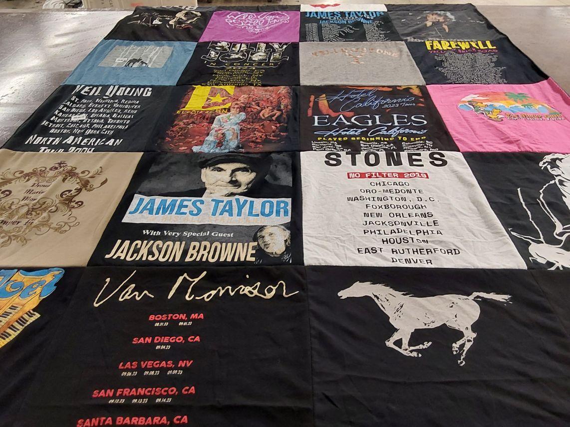 T-shirt quilt with music, concerts themes by Donna from CA