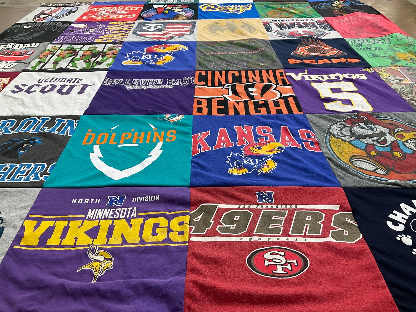 T-shirt quilt featuring miami dolphins, minnesota vikings by Amy from NE