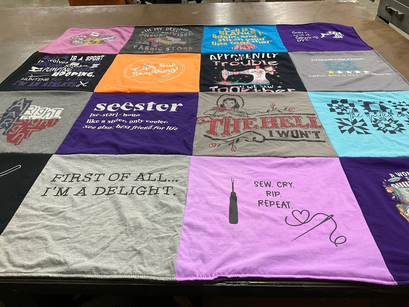 T-shirt quilt with sewing, fabric themes by JeriLin from UT