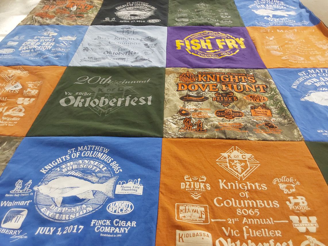 T-shirt quilt with fishing, community events themes by Dana from TX