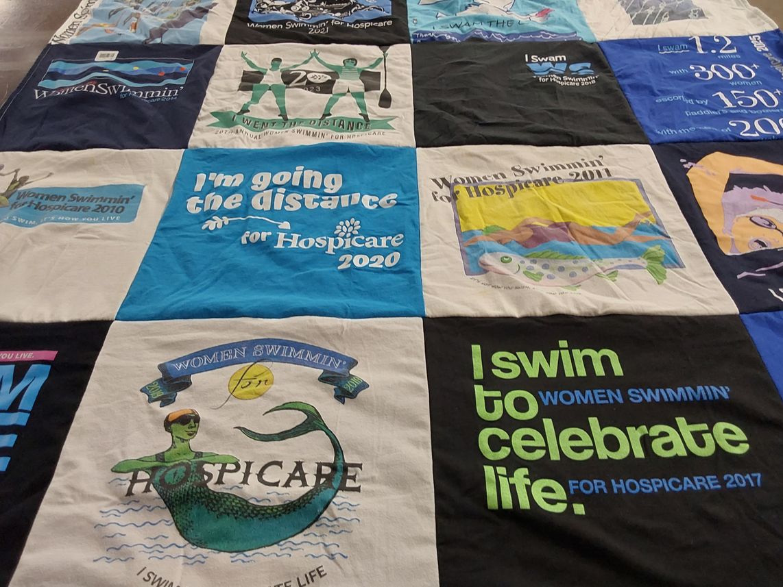 T-shirt quilt with swimming, fundraising themes by Gail from NY