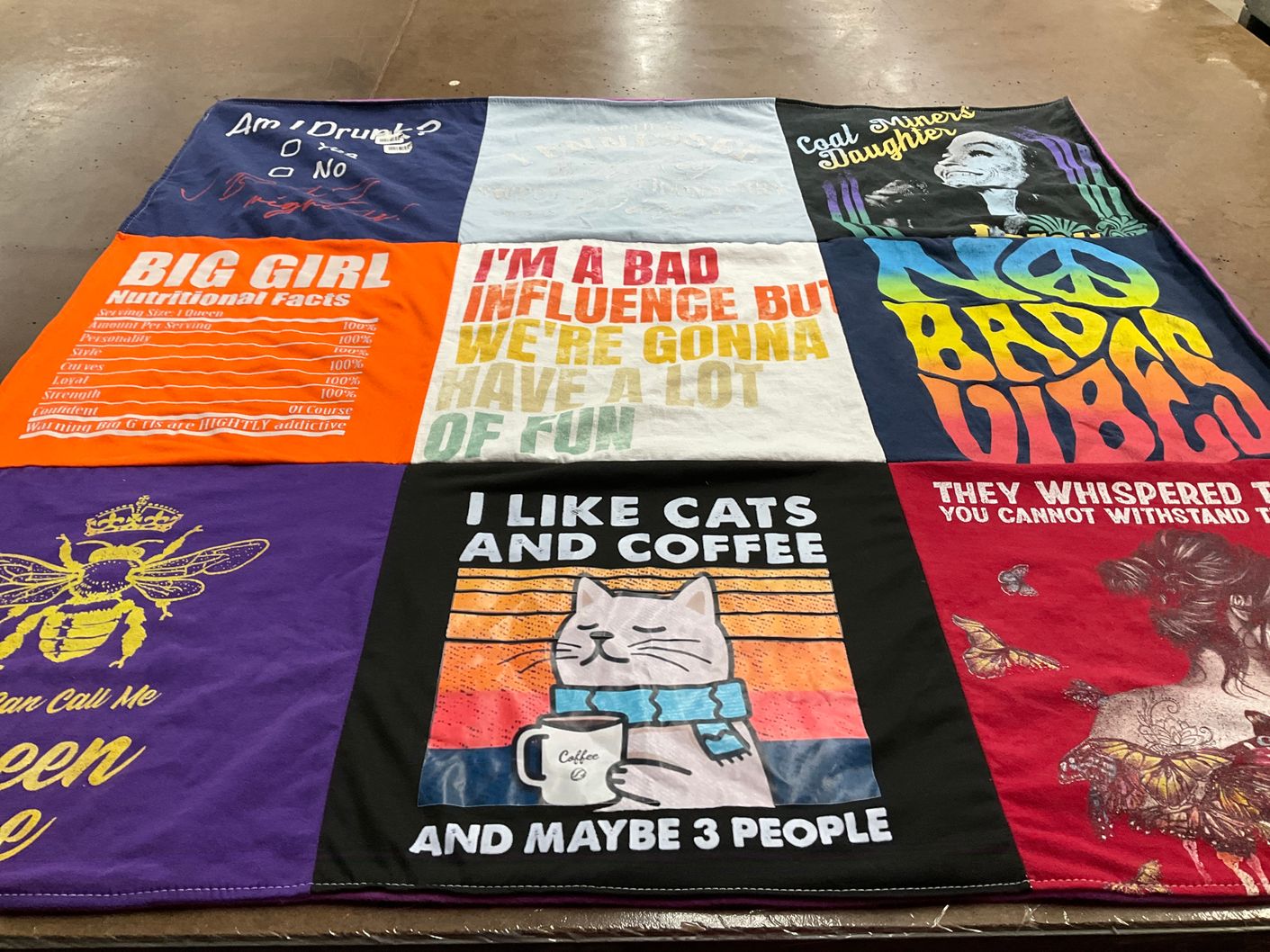 T-shirt quilt with cats, coffee themes by Brian from TX