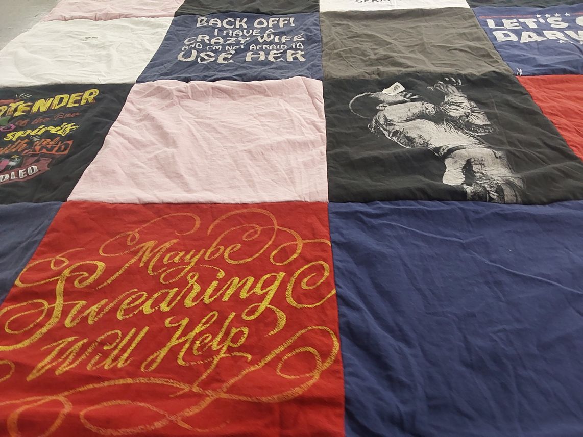 T-shirt quilt with humor, assertiveness themes by Brian from TX