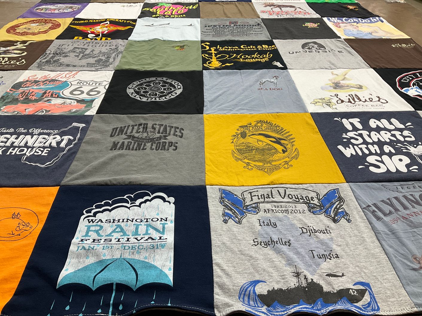 T-shirt quilt with marine, cafe themes by Tamela from IN