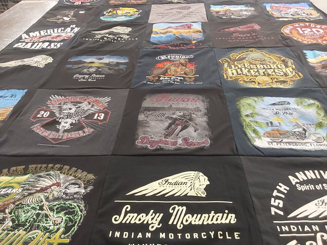 T-shirt quilt with motorcycles, biking themes by DOUGLAS from NC
